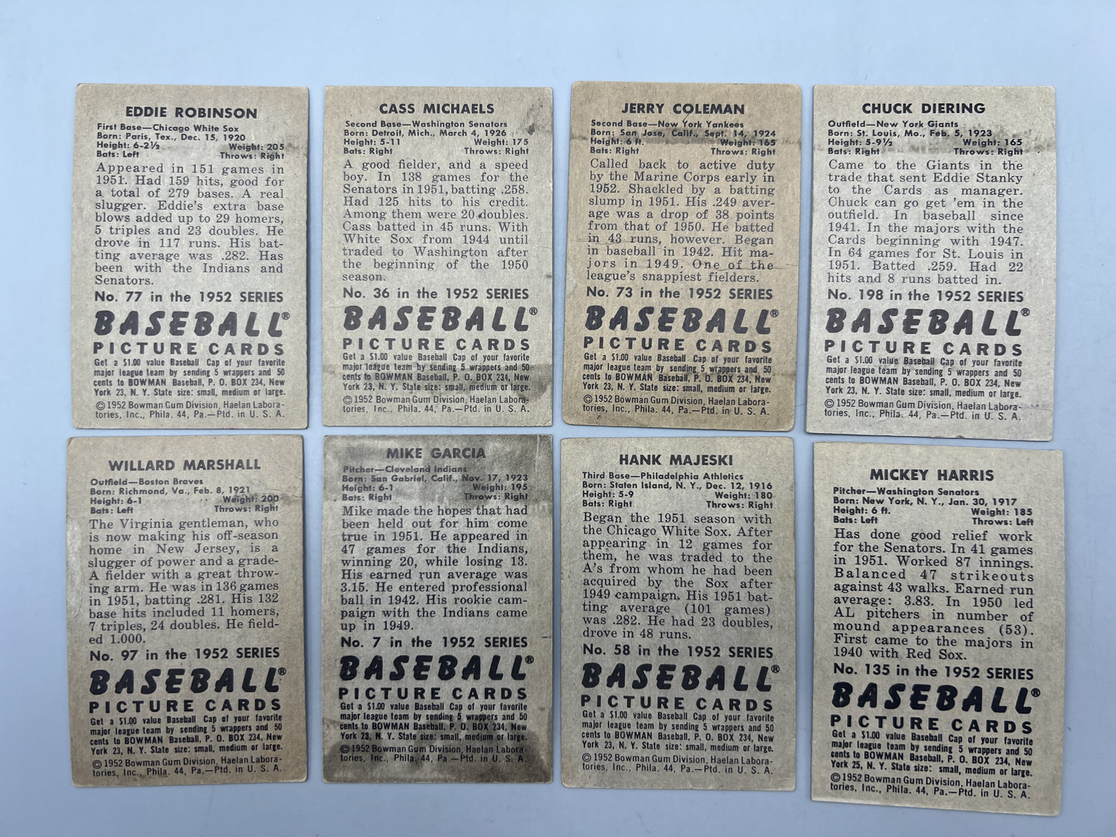 (8) 1952 Bowman Baseball Cards - Varying Conditions