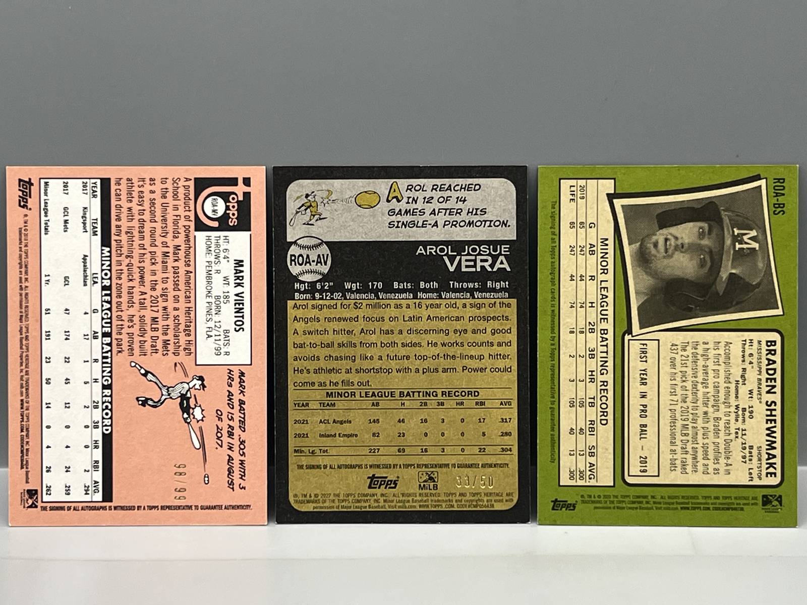 (3) Topps Heritage Minor League Baseball Pack Pulled Autos - Mark Vientos #/99, Arol Vera #/50, & Braden Shewmake