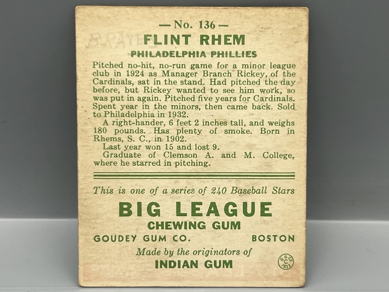1933 Goudey Flint Rhem #136