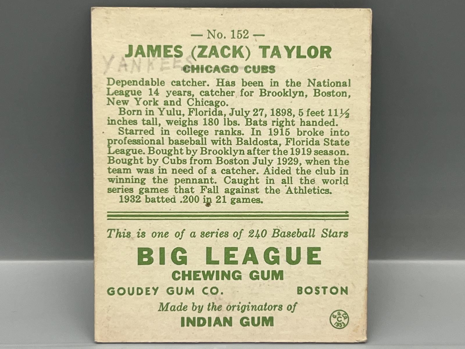 1933 Goudey James (Zack) Taylor #152