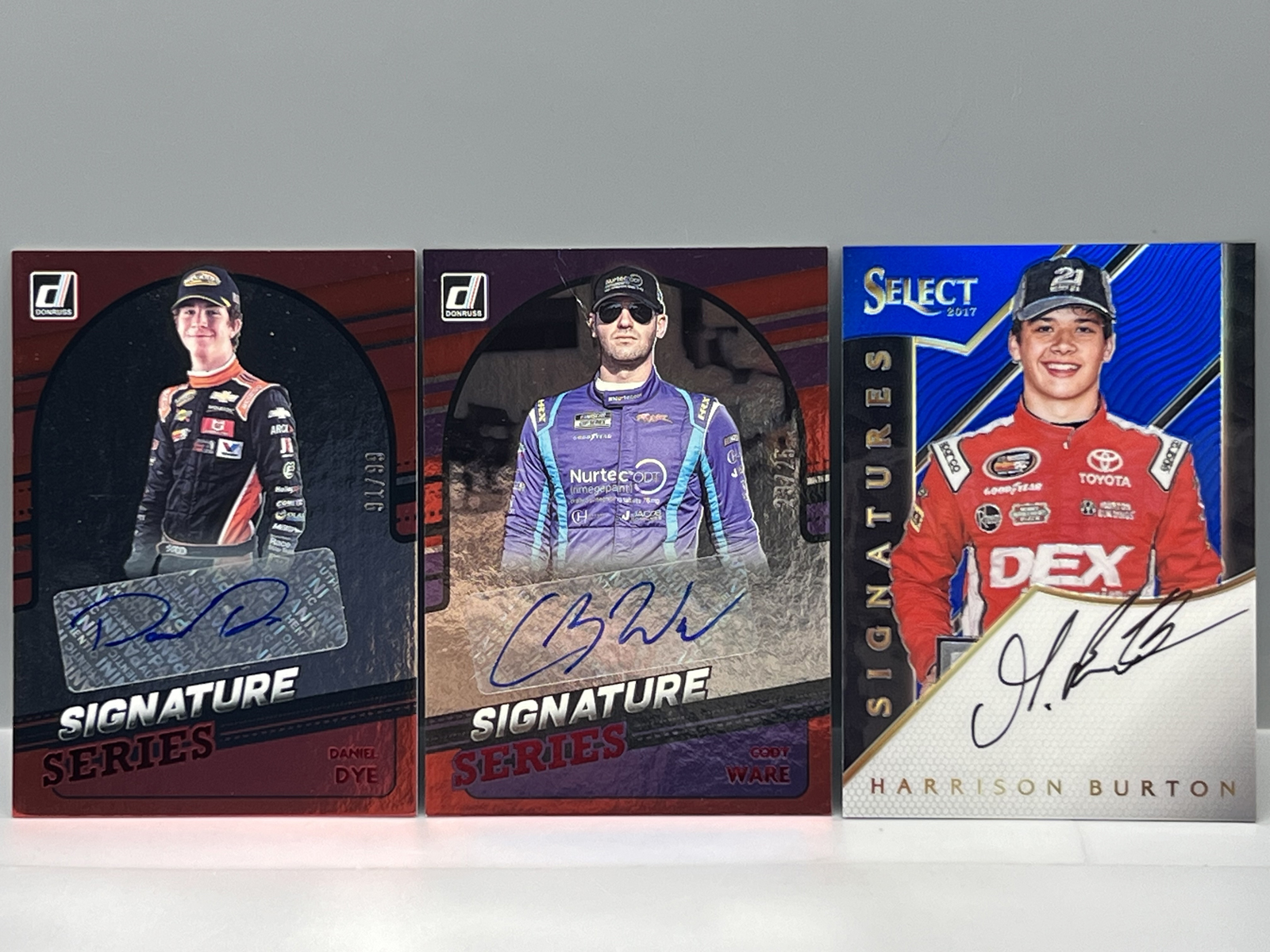 (3) Nascar Racing Pack Pulled Serial Numbered Auto Cards - Daniel Dye #/99, Cody Ware #/25, & Harrison Burton #/50