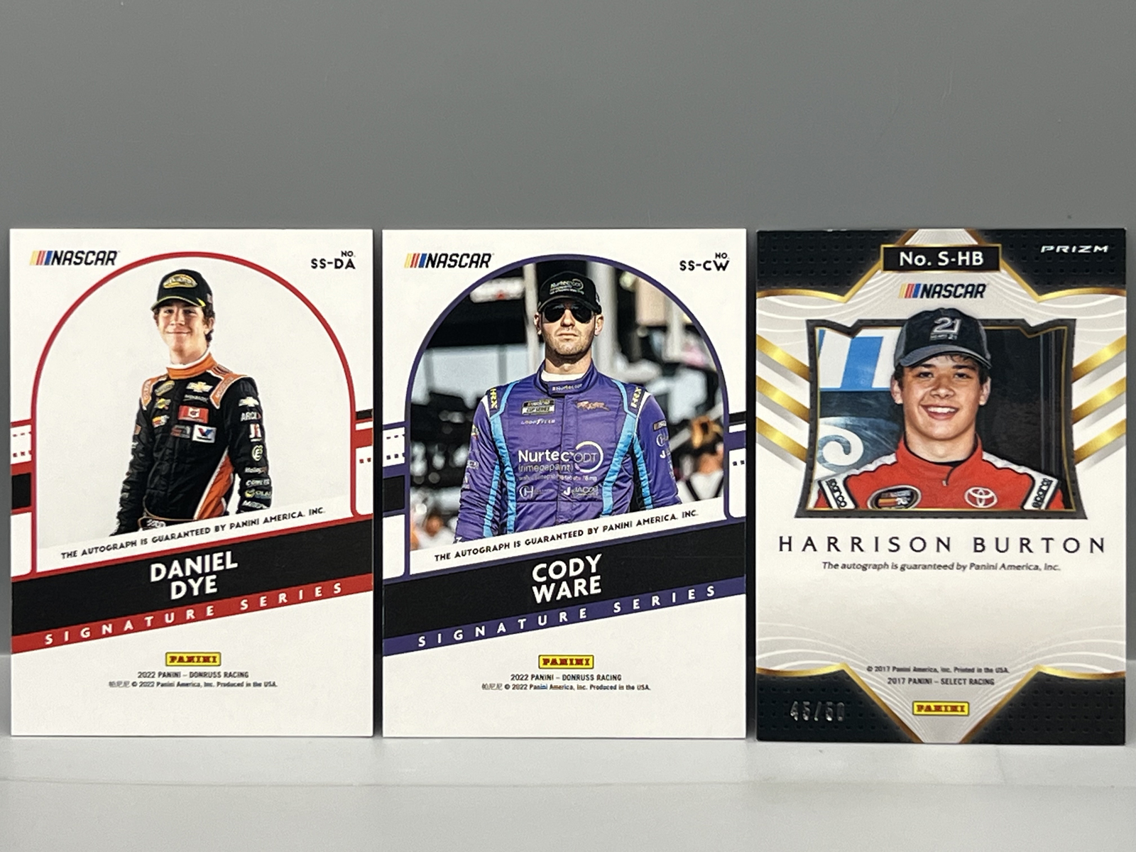 (3) Nascar Racing Pack Pulled Serial Numbered Auto Cards - Daniel Dye #/99, Cody Ware #/25, & Harrison Burton #/50