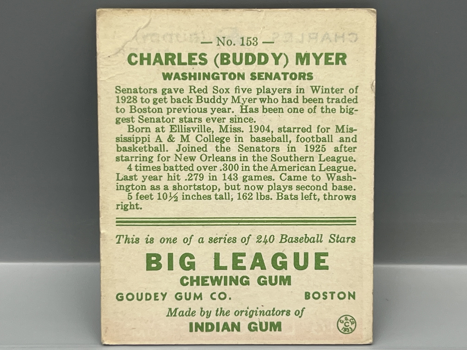 1933 Goudey Charles (Buddy) Myer #153