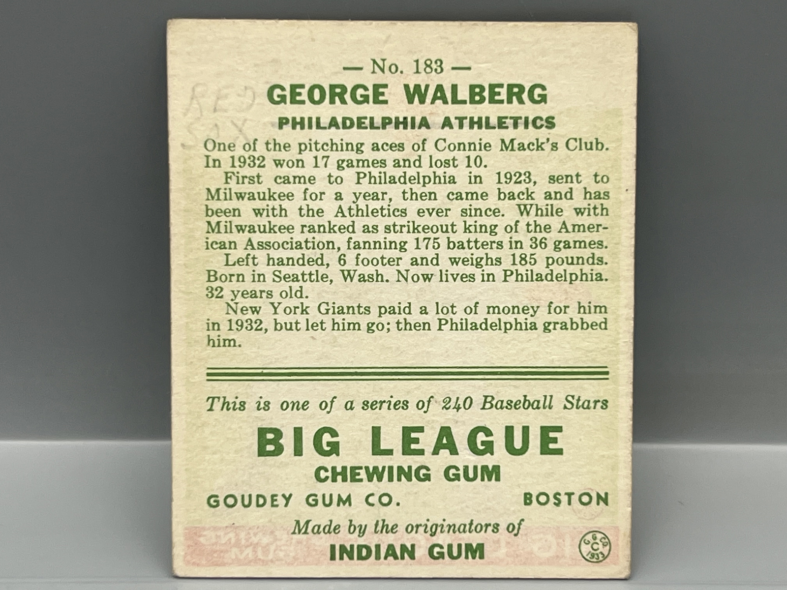 1933 Goudey George Walberg #183
