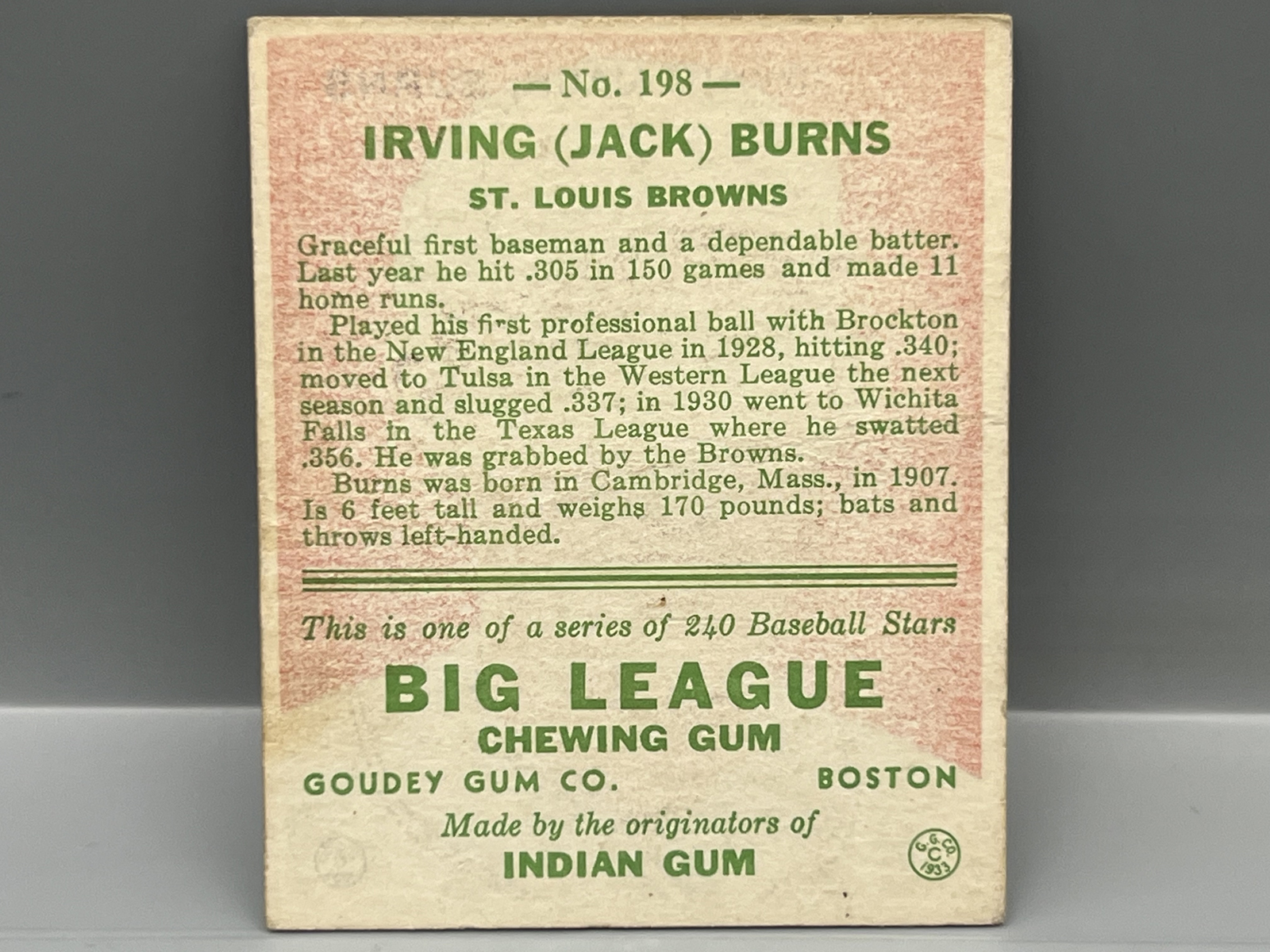 1933 Goudey Irving (Jack) Burns #198