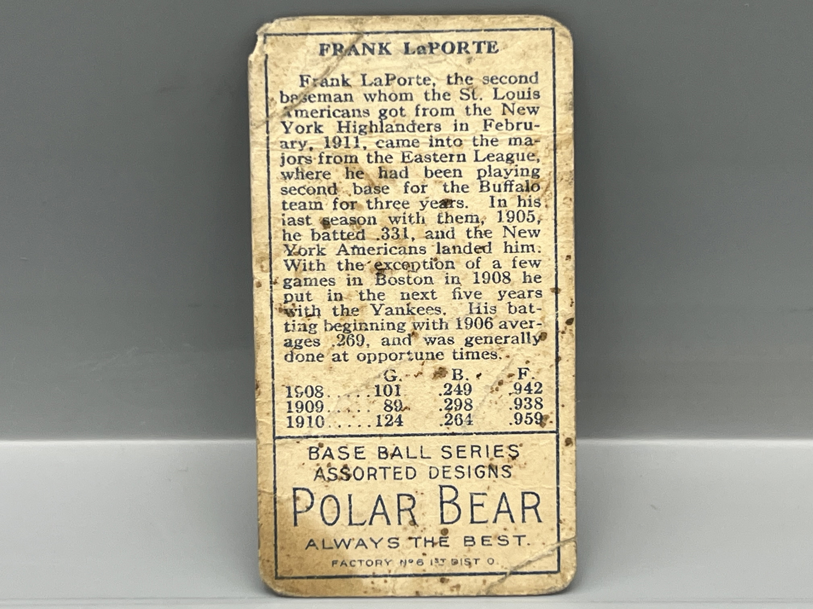 1911 T205 Gold Border Frank LaPorte Polar Bear Back