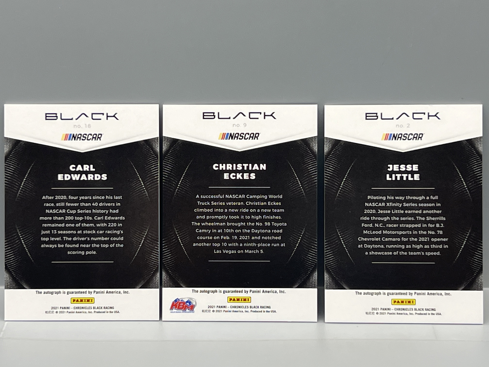 (3) 2021 Panini Chronicles Black Racing Pack Pulled Autos - Carl Edwards, Christian Eckes, & Jesse Little