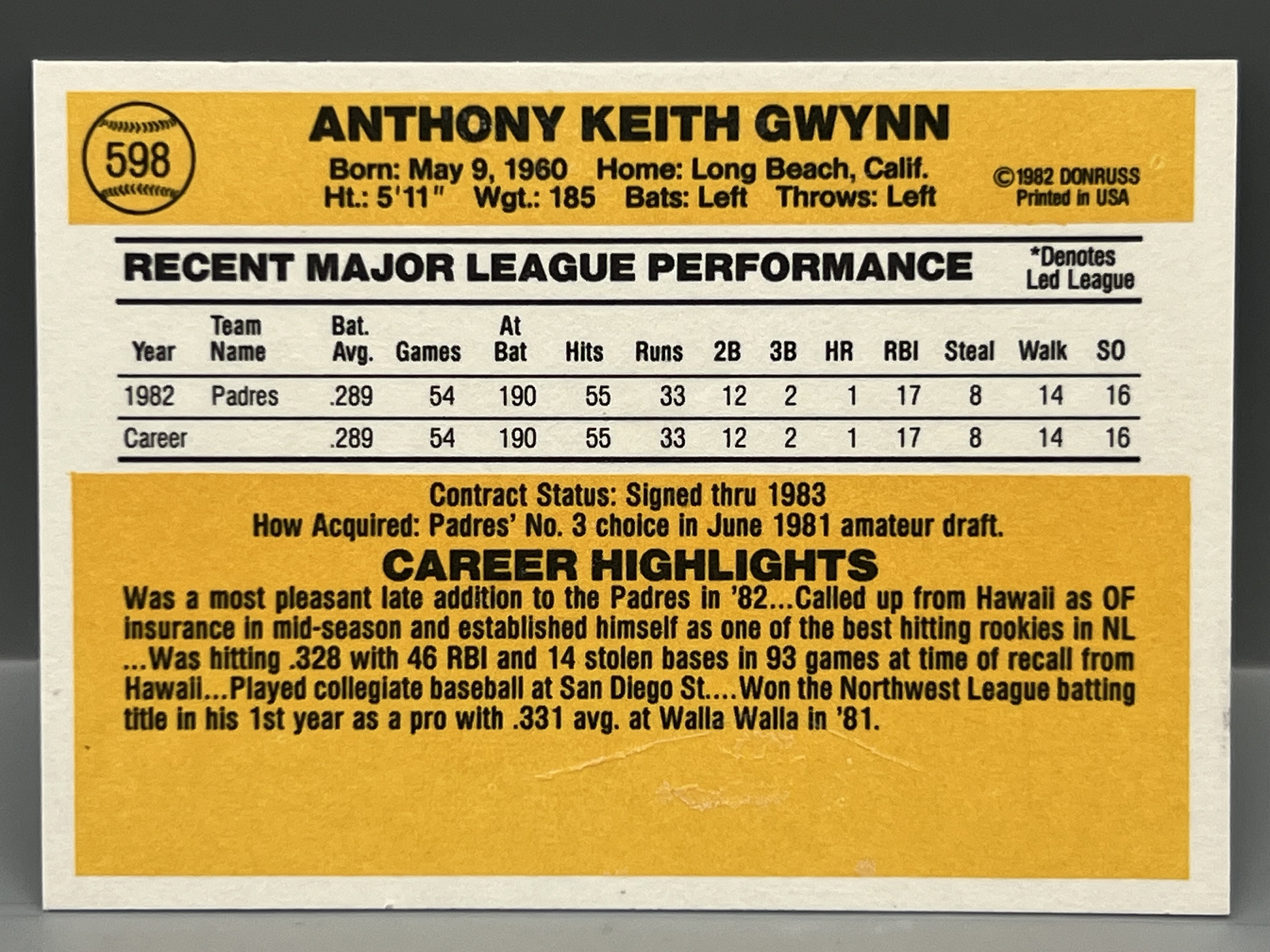 1983 Donruss Tony Gwynn RC #598