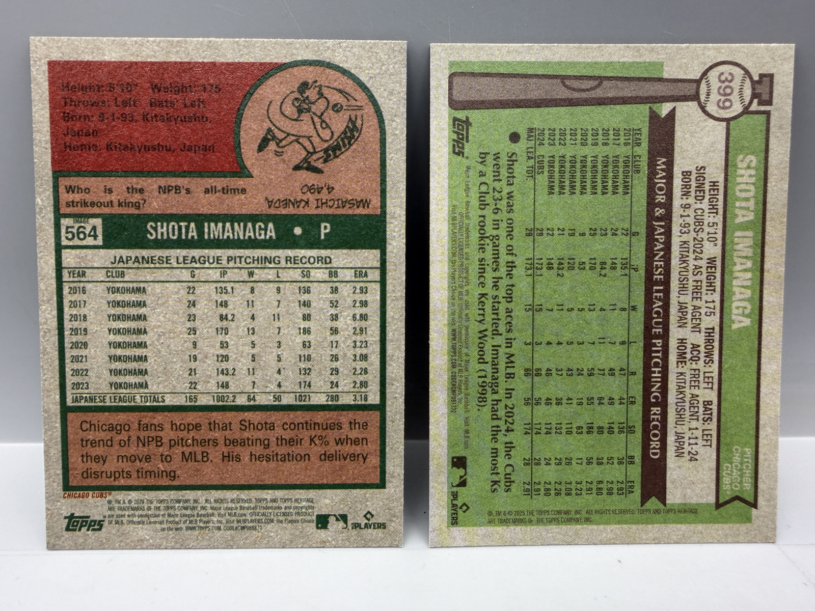 Shota Imanaga Lot of 2 - 2024 Topps Heritage Image Variation RC #564 & 2025 Heritage #399 Bicentennial Parallel #/200