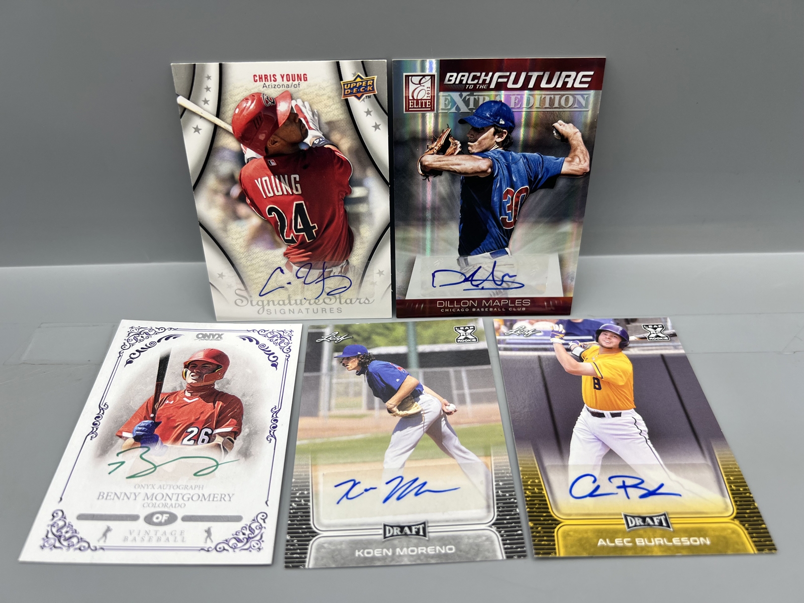 (5) Assorted Baseball Pack Pulled Autos - Chris Young, Dillon Maples, Benny Montgomery