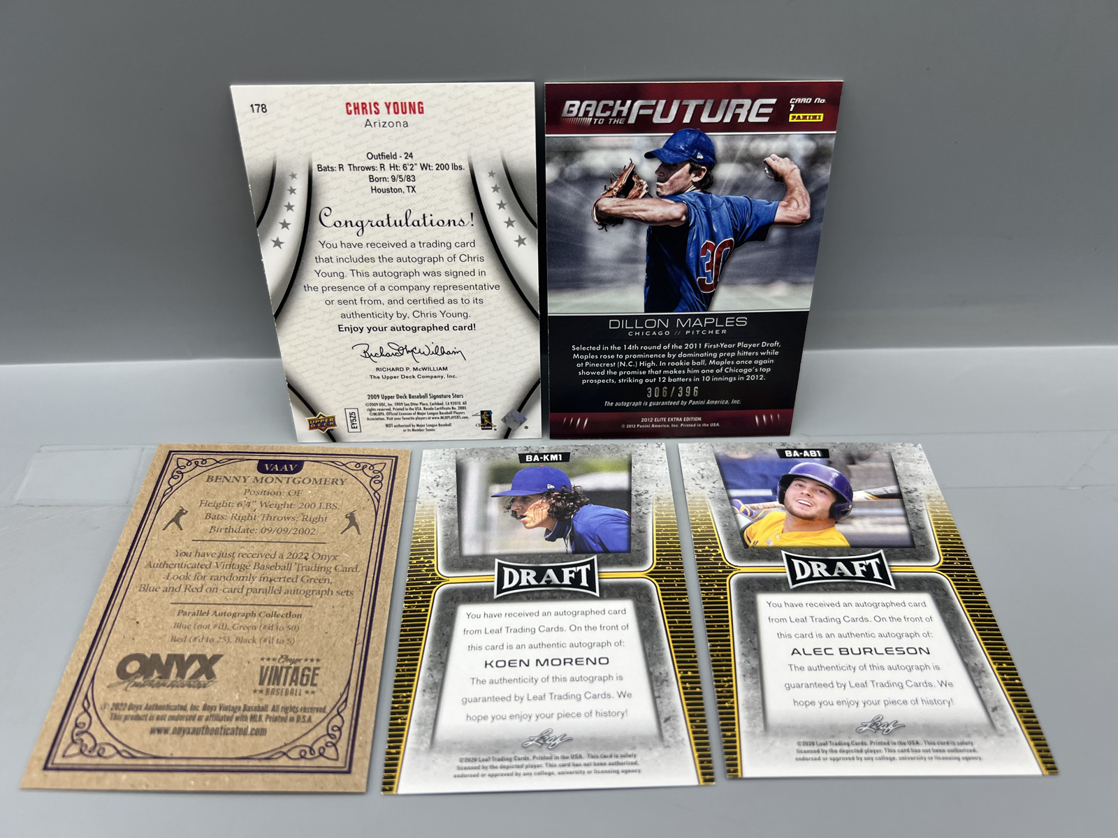 (5) Assorted Baseball Pack Pulled Autos - Chris Young, Dillon Maples, Benny Montgomery