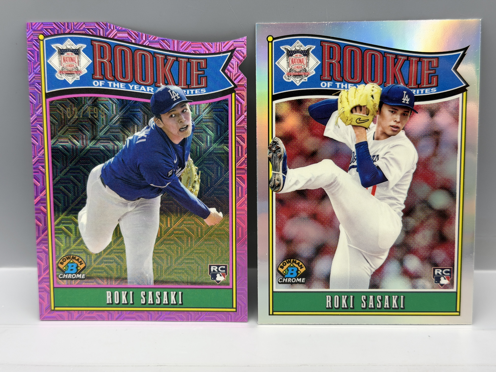 Roki Sasaki RC Lot of 2 - 2025 Bowman Chrome ROY Favorites #10 Pink Mojo Die Cut Refractor #/199 & Non-Die Cut Refractor