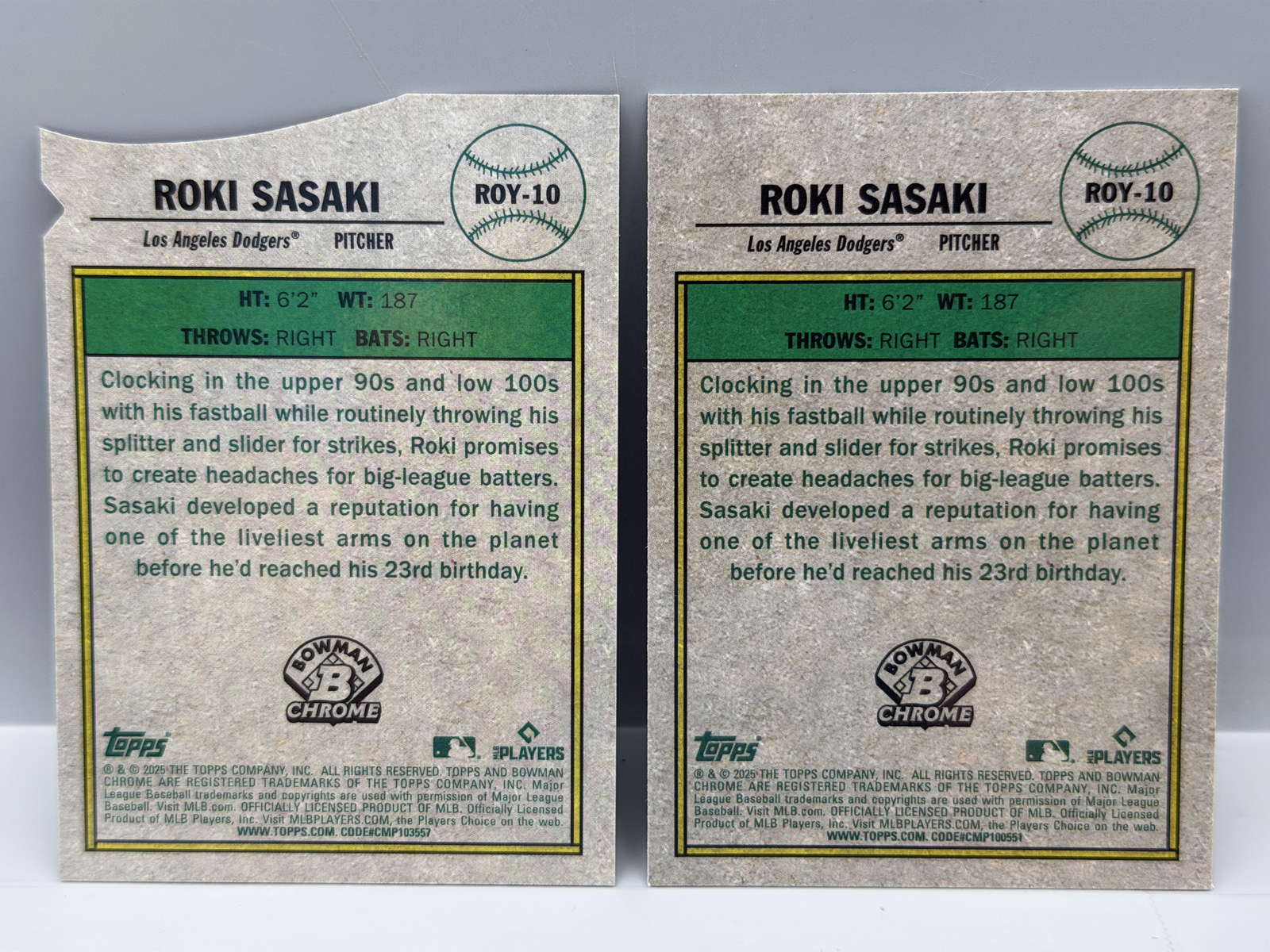 Roki Sasaki RC Lot of 2 - 2025 Bowman Chrome ROY Favorites #10 Pink Mojo Die Cut Refractor #/199 & Non-Die Cut Refractor