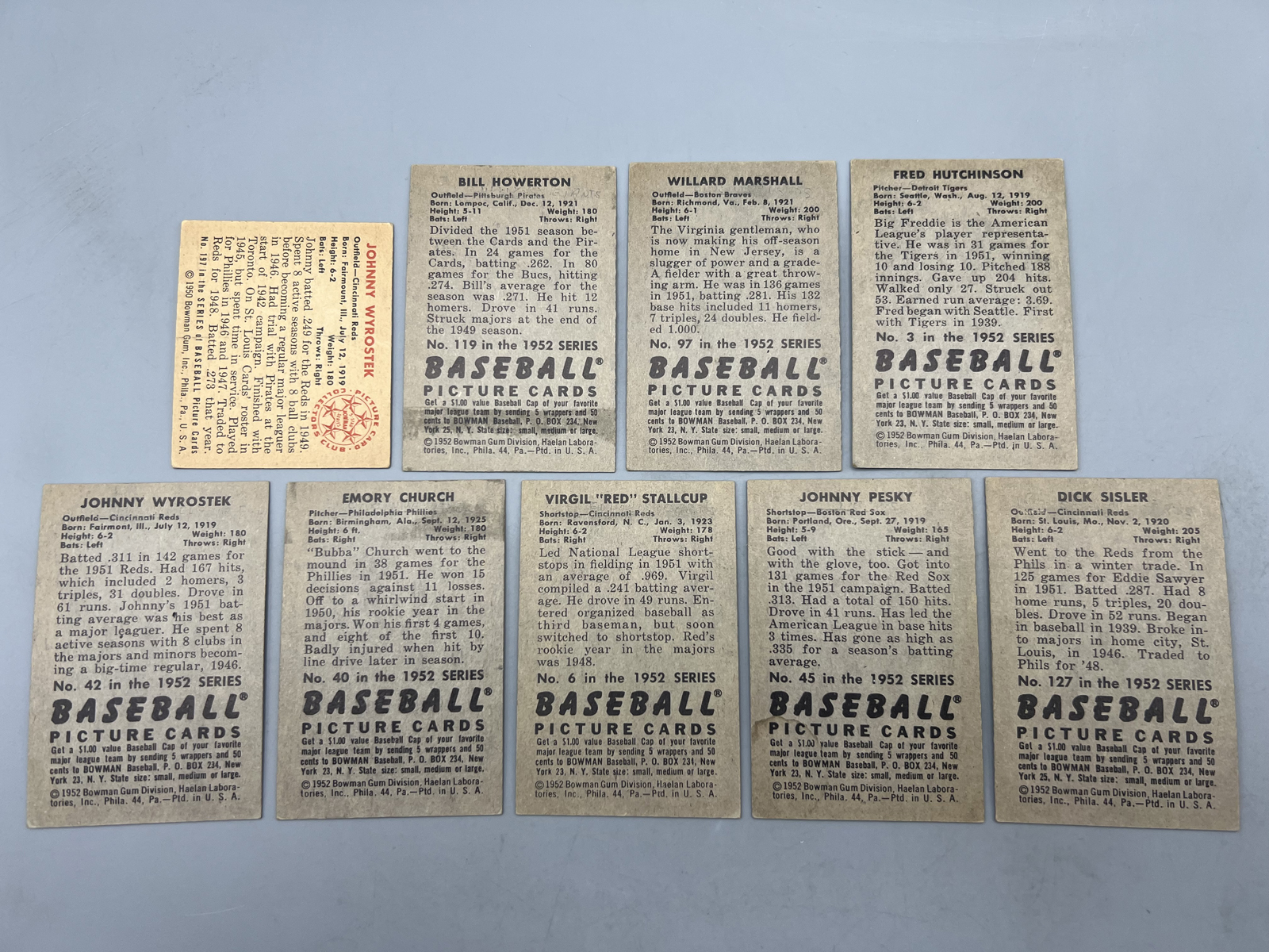 (9) 1950 Bowman & 1952 Bowman Baseball Cards - Varying Conditions