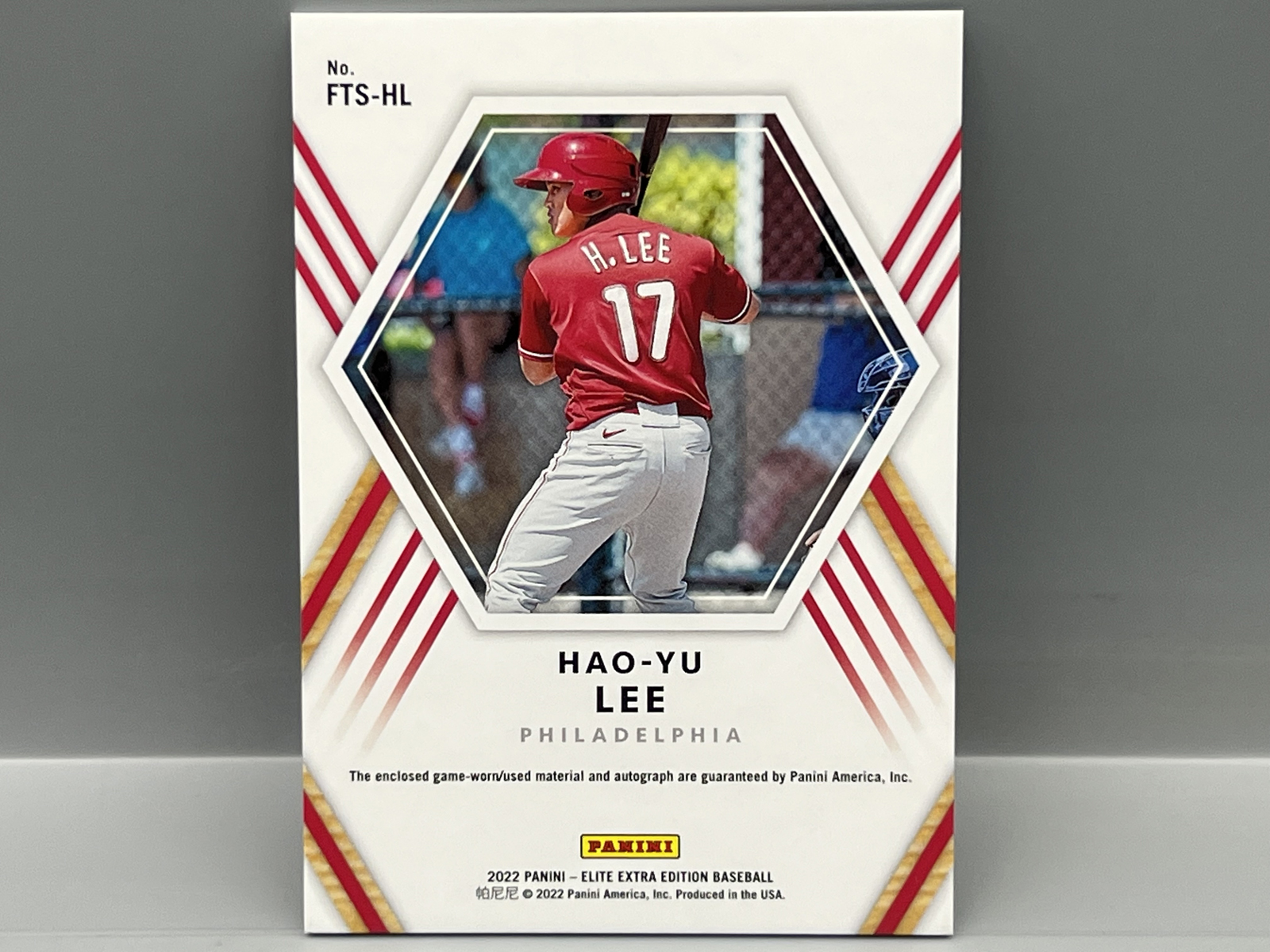 2022 Panini Elite Extra Edition Hao-Yu Lee Future Threads Prospect/RC Game Worn Patch Auto #/199