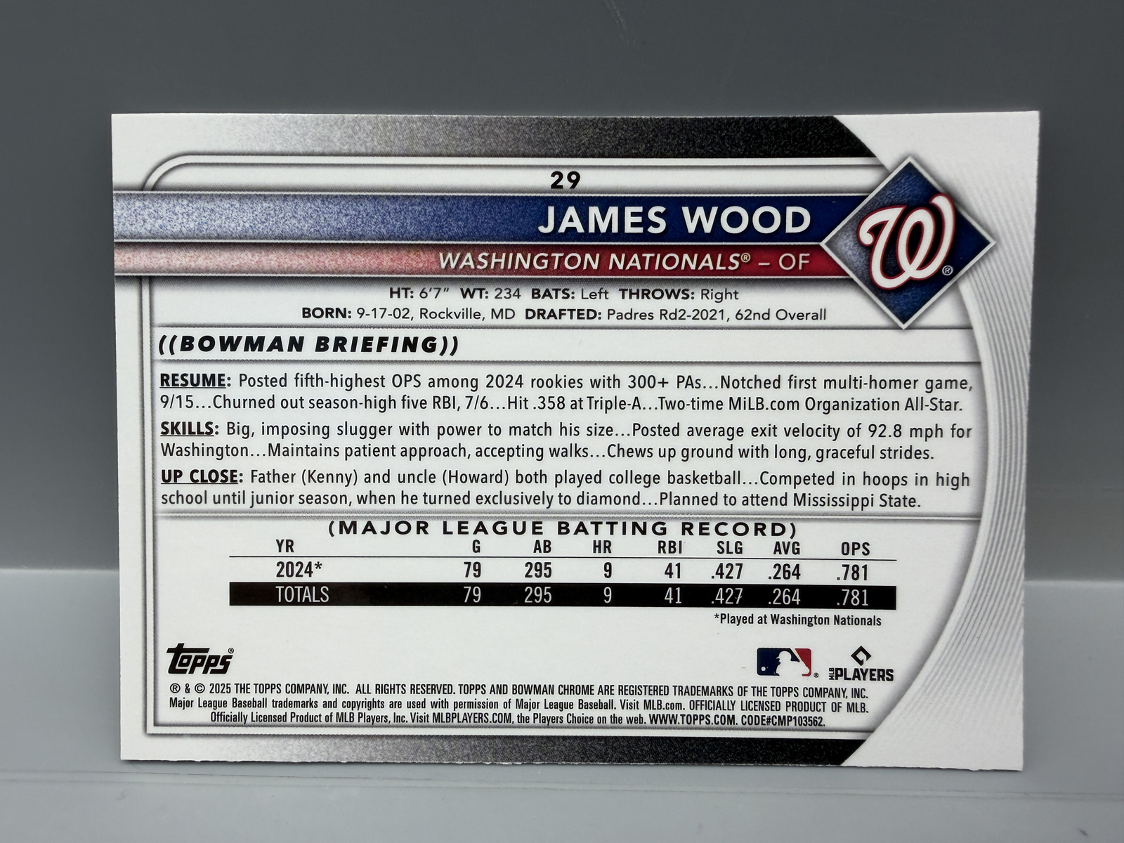 2025 Bowman Chrome James Wood Blue Mojo Refractor RC #29 - #027/175