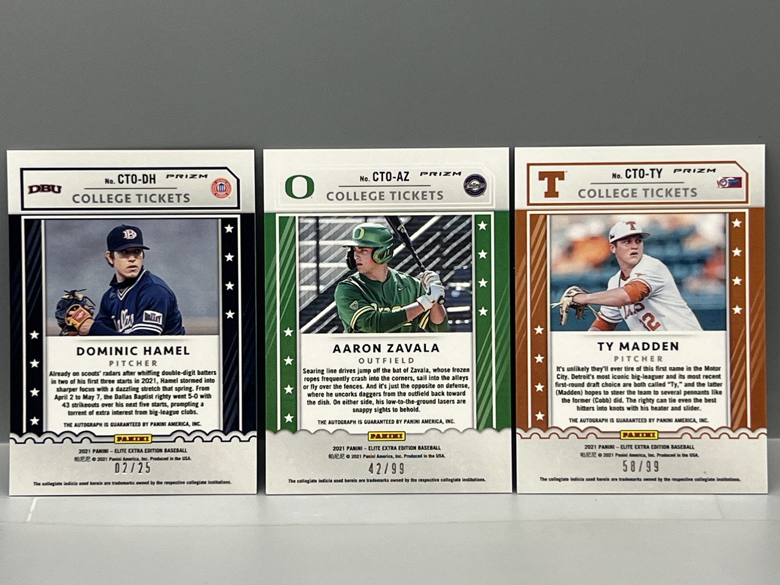 (3) 2021 Panini Elite Extra Edition Baseball Pack Pulled Serial Numbered Autos - Dominic Hamel #/25, Aaron Zavala #/99, & Ty Madden #/99