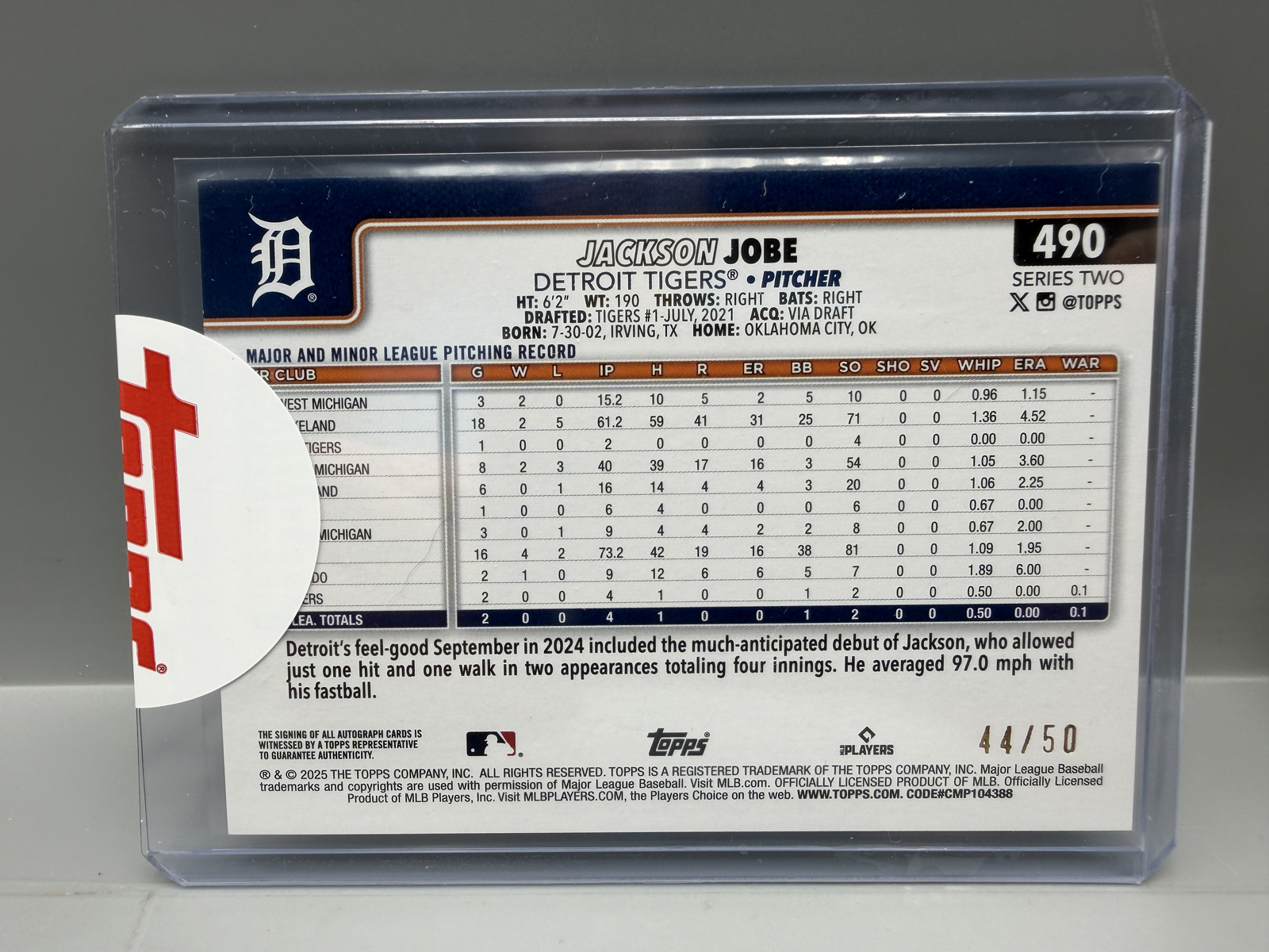 2025 Topps Jackson Jobe Real One Autograph Gold Foil Parallel RC Auto #44/50 - Sealed from Topps and with original used redemption card