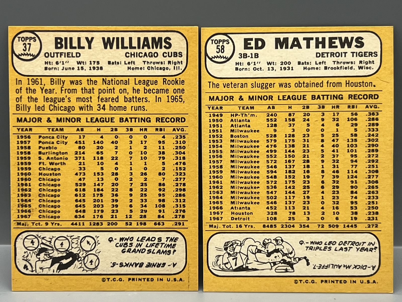 1968 Topps Billy Williams #37 & Ed Mathews #58