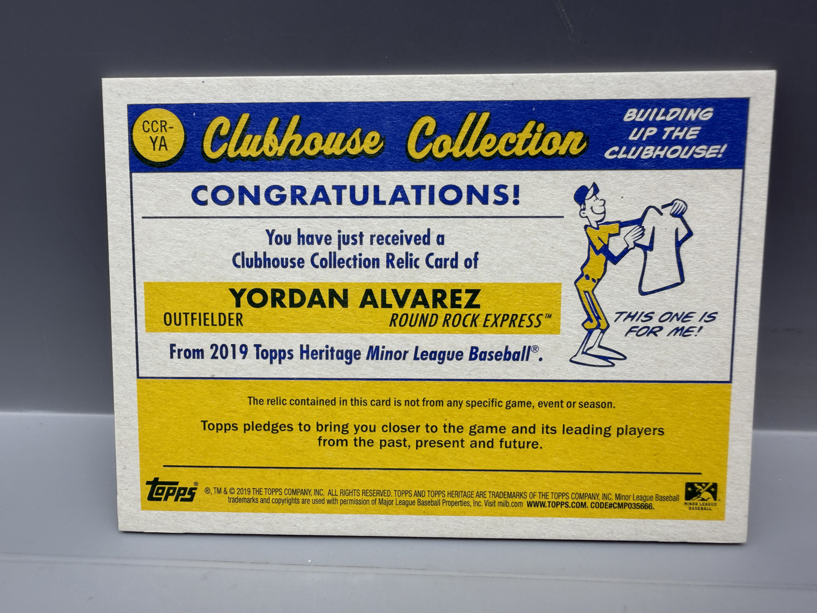 2019 Topps Heritage Minor League Yordan Alvarez Clubhouse Collection Game Used Relic RC/Prospect