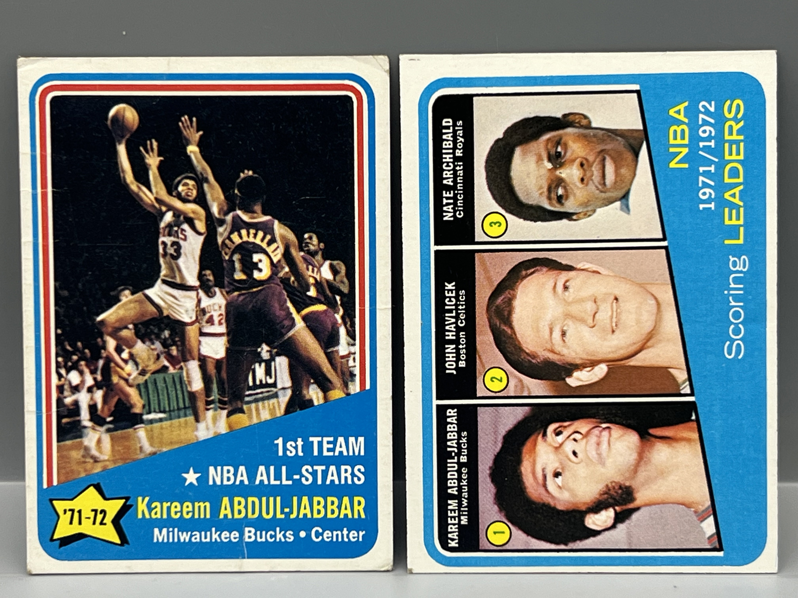 1972-73 Topps Kareem Abdul Jabbar All Star #163 & Scoring Leader W/ Archibald & Havlicek #171