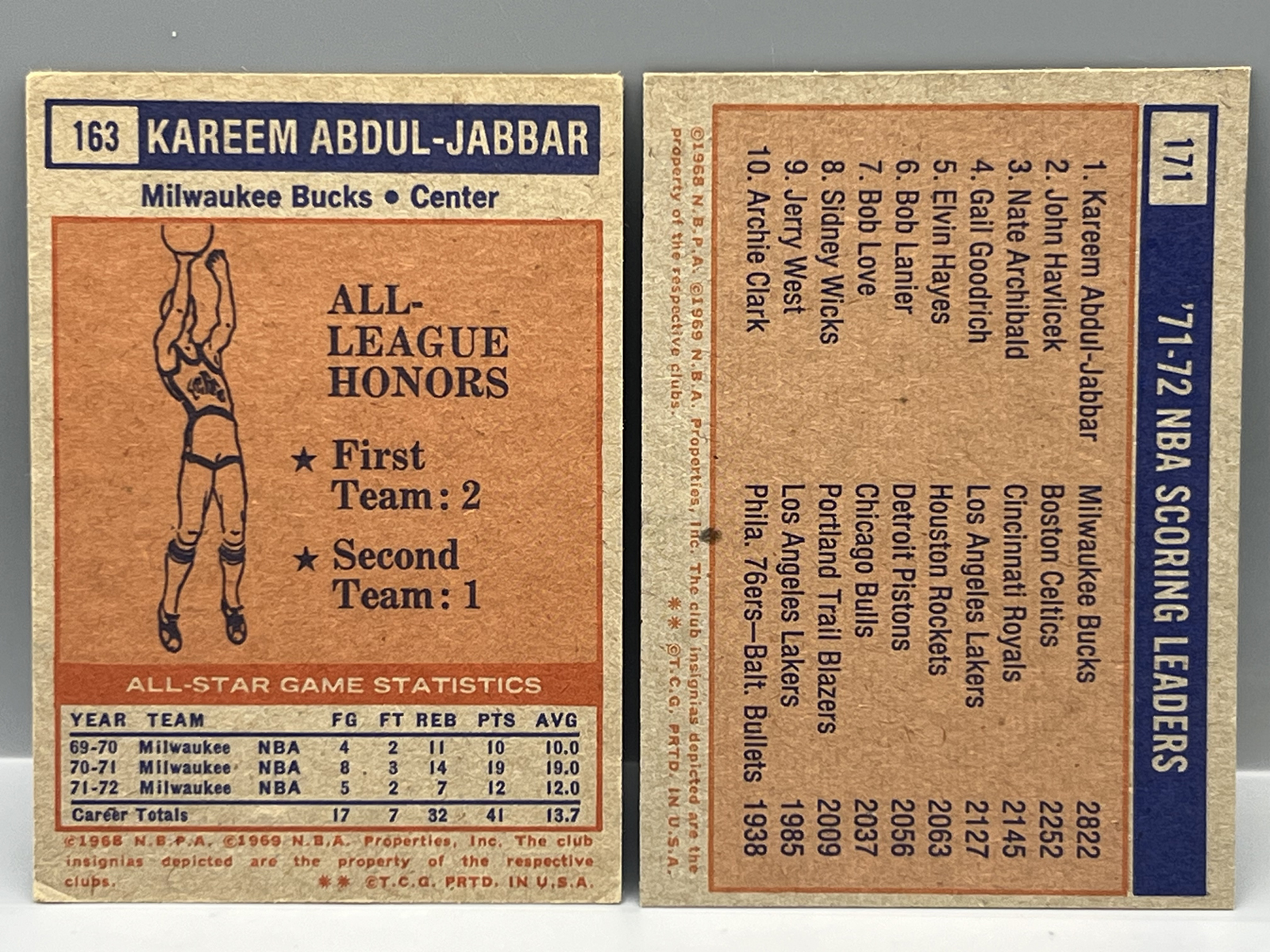 1972-73 Topps Kareem Abdul Jabbar All Star #163 & Scoring Leader W/ Archibald & Havlicek #171