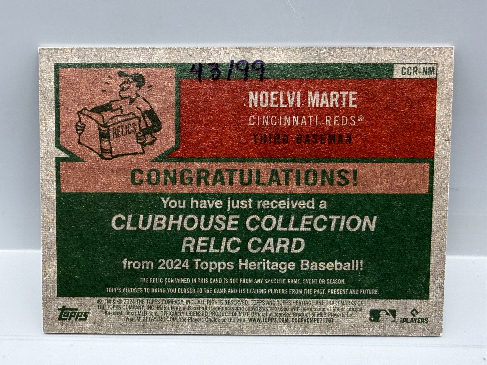 2024 Topps Heritage Noelvi Marte Clubhouse Collection Game Used Relic RC - Gold Parallel #43/99