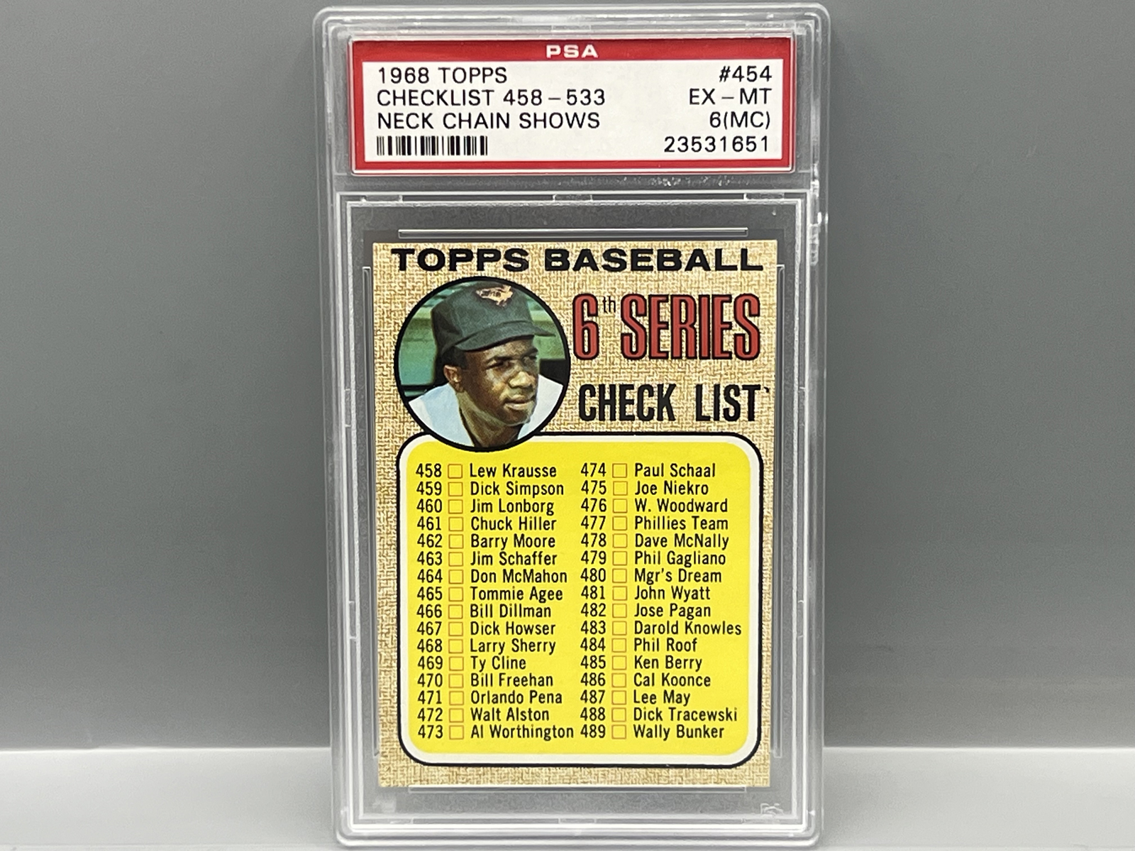 1968 Topps Frank Robinson Checklist 6th Series Neck Chain Shows Variation #454 PSA EX-MT 6 (MC)