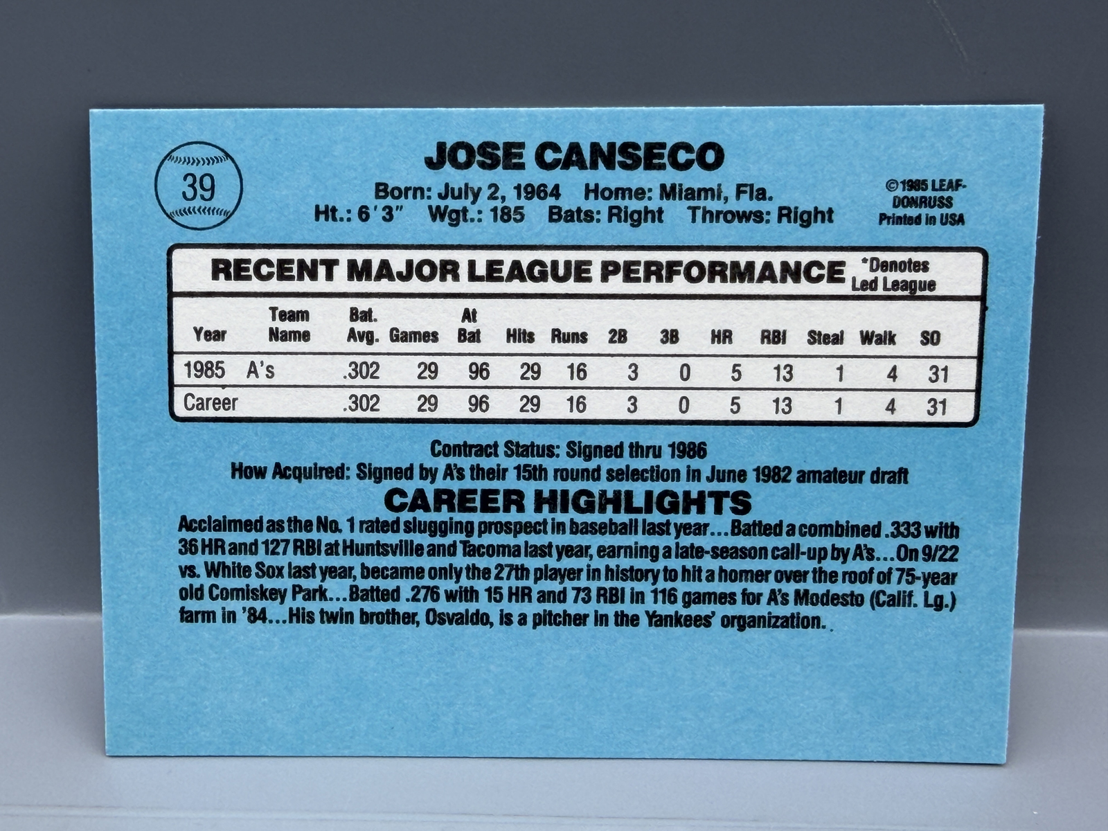 1986 Donruss Jose Canseco RC #39