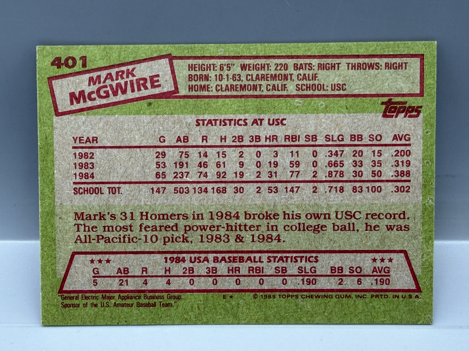 1985 Topps Mark McGwire USA RC #401