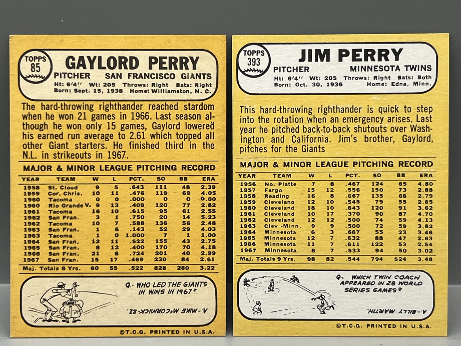 1968 Topps Gaylord Perry #85 & Jim Perry #393