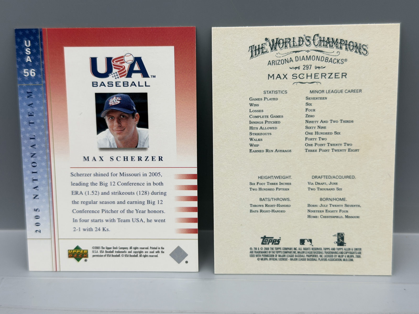 Max Scherzer RC Lot of 2 - 2005 Upper Deck USA Baseball Prospect, 2008 Topps Allen & Ginter RC