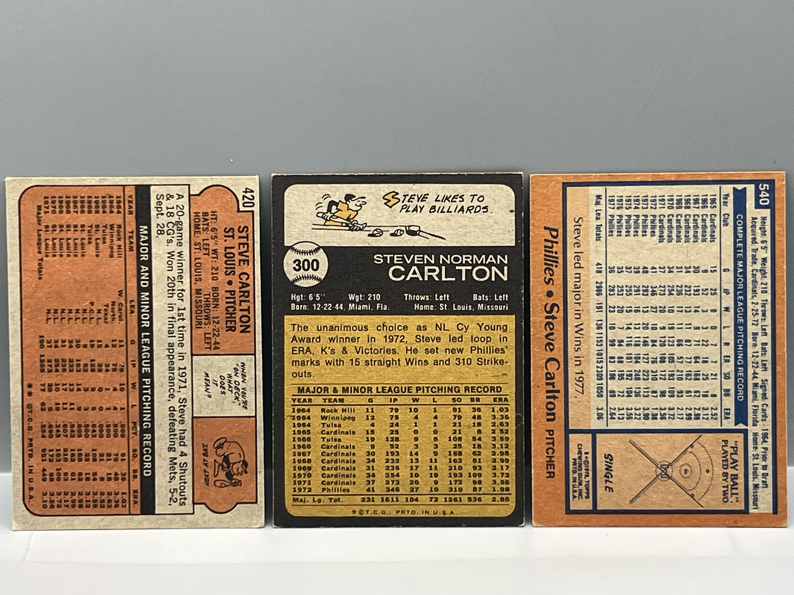 Steve Carlton 1972 Topps #420, 1973 Topps #300, & 1978 Topps #540