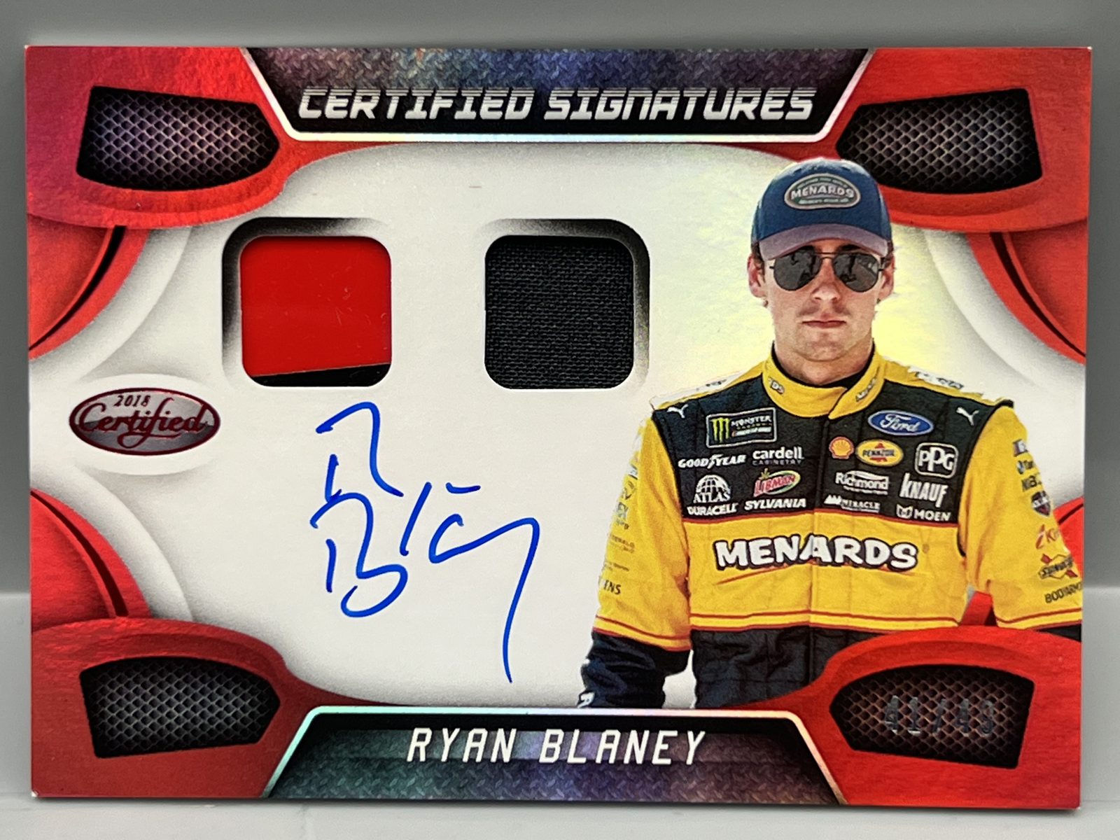 2018 Panini Certified Racing Ryan Blaney Certified Signatures Race Used Dual Relic Auto #/49