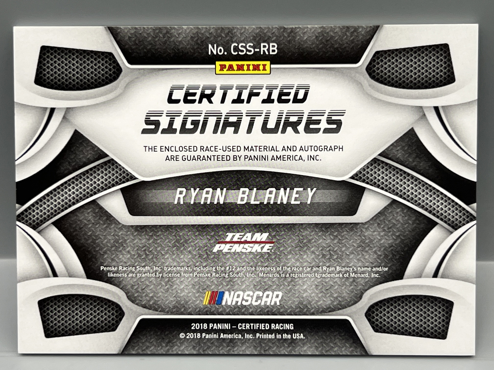 2018 Panini Certified Racing Ryan Blaney Certified Signatures Race Used Dual Relic Auto #/49