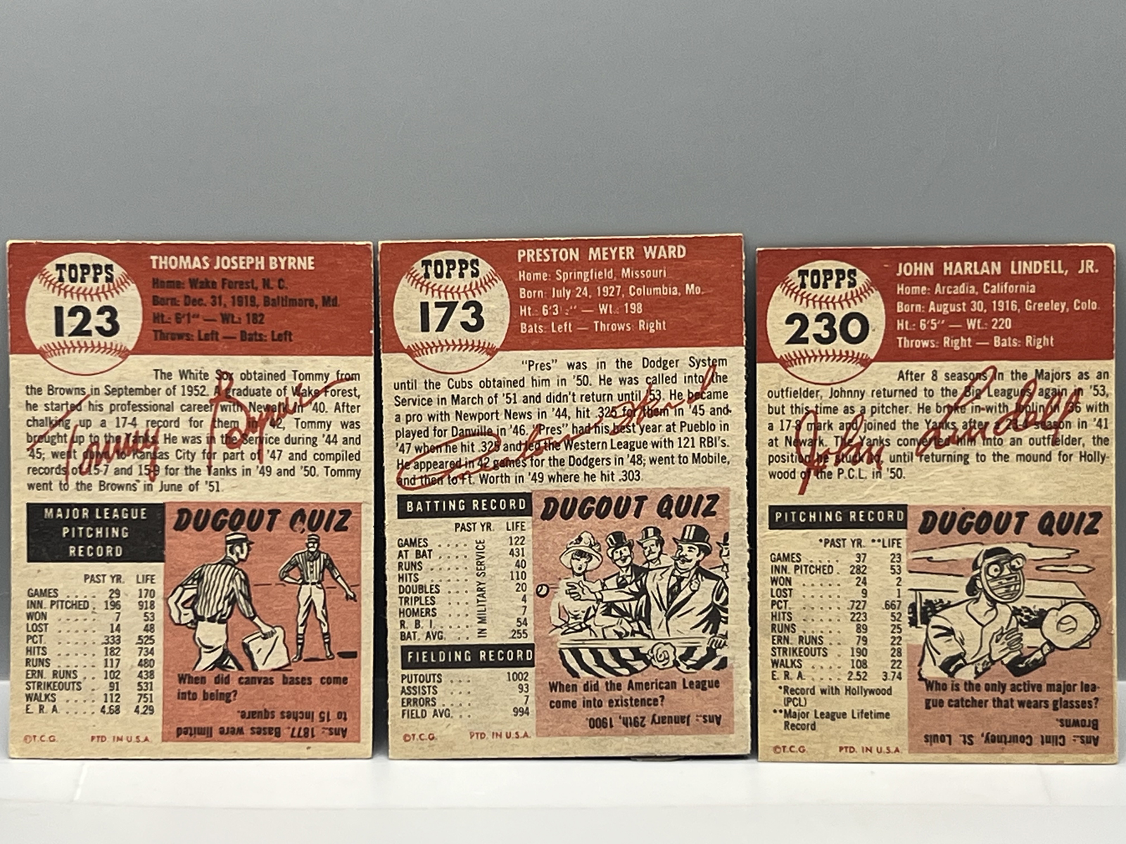 1953 Topps Tommy Byrne #123, Preston Ward #173, & Johnny Lindell #230