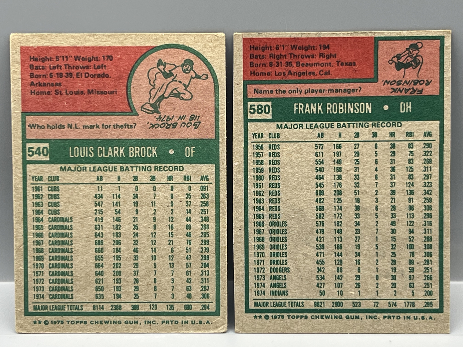 1975 Topps Lou Brock #540 & Frank Robinson #580