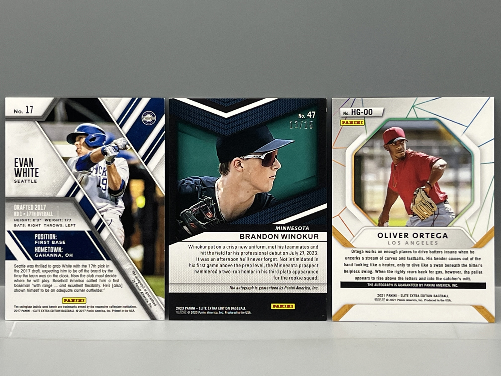 (3) Assorted Pack Pulled Low Serial Numbered Baseball Autos - Evan White #/10, Brandon Winokur #/15, & Oliver Ortega #/25
