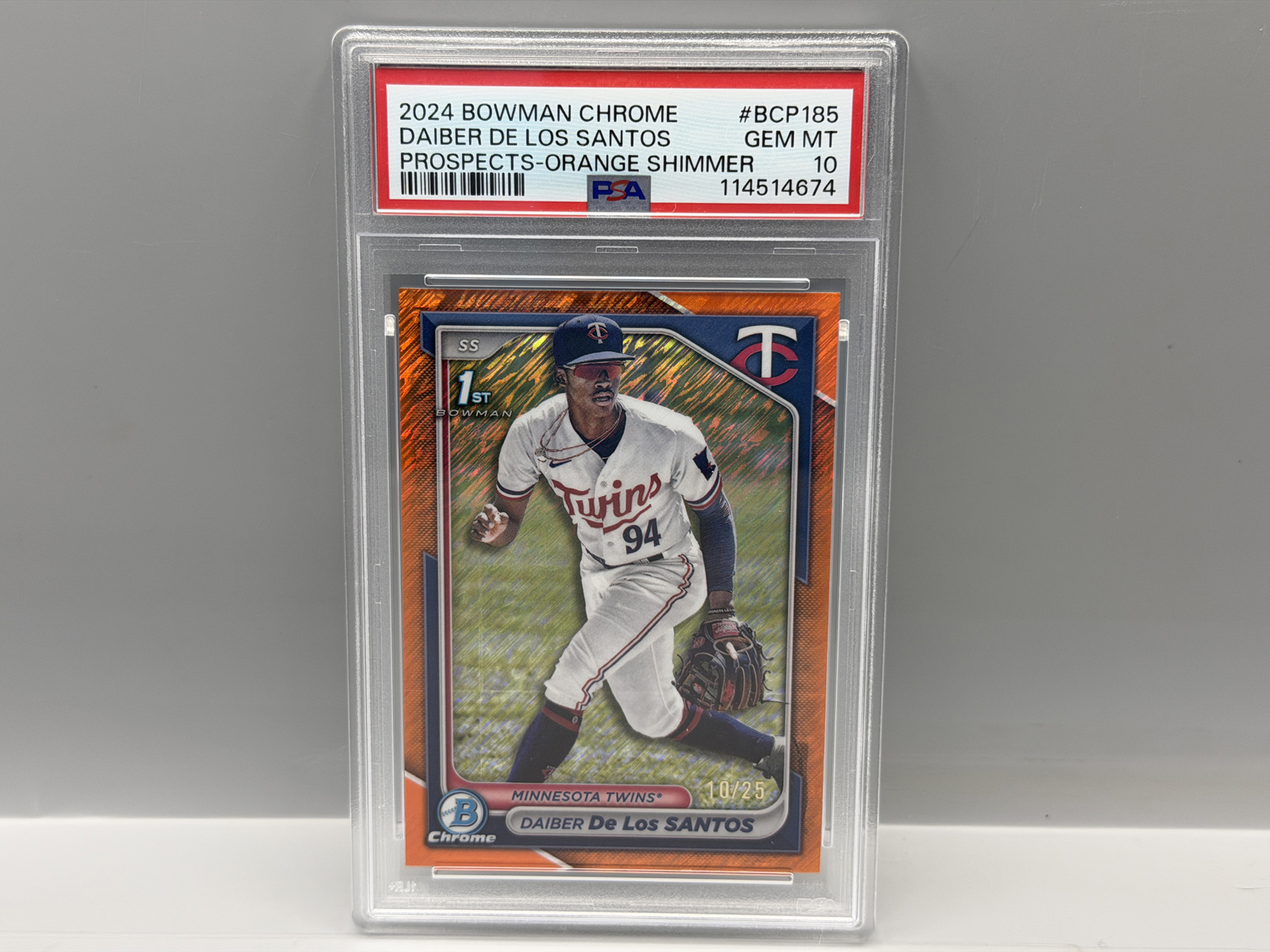 2024 Bowman Chrome Daiber De Los Santos Orange Shimmer 1st Bowman RC #10/25 PSA Gem Mint 10