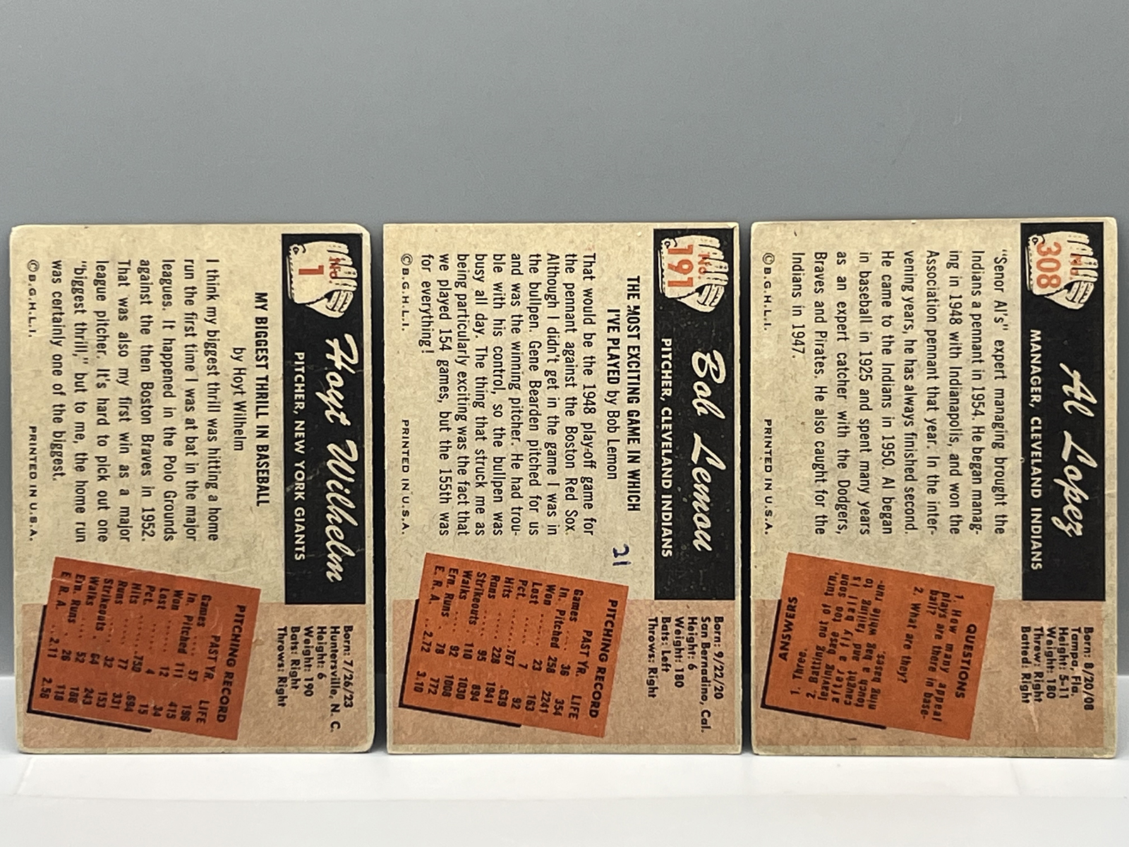 1955 Bowman Hoyt Wilhelm #1, Bob Lemon #191, & Al Lopez #308