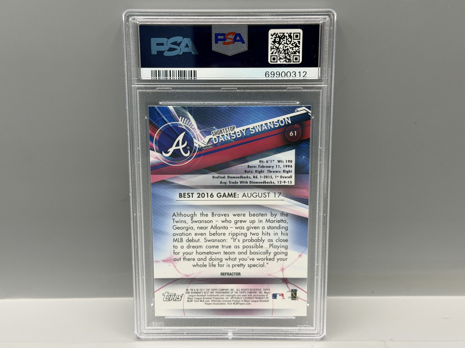 2017 Bowman's Best Dansby Swanson Refractor RC #61 PSA Gem Mint 10
