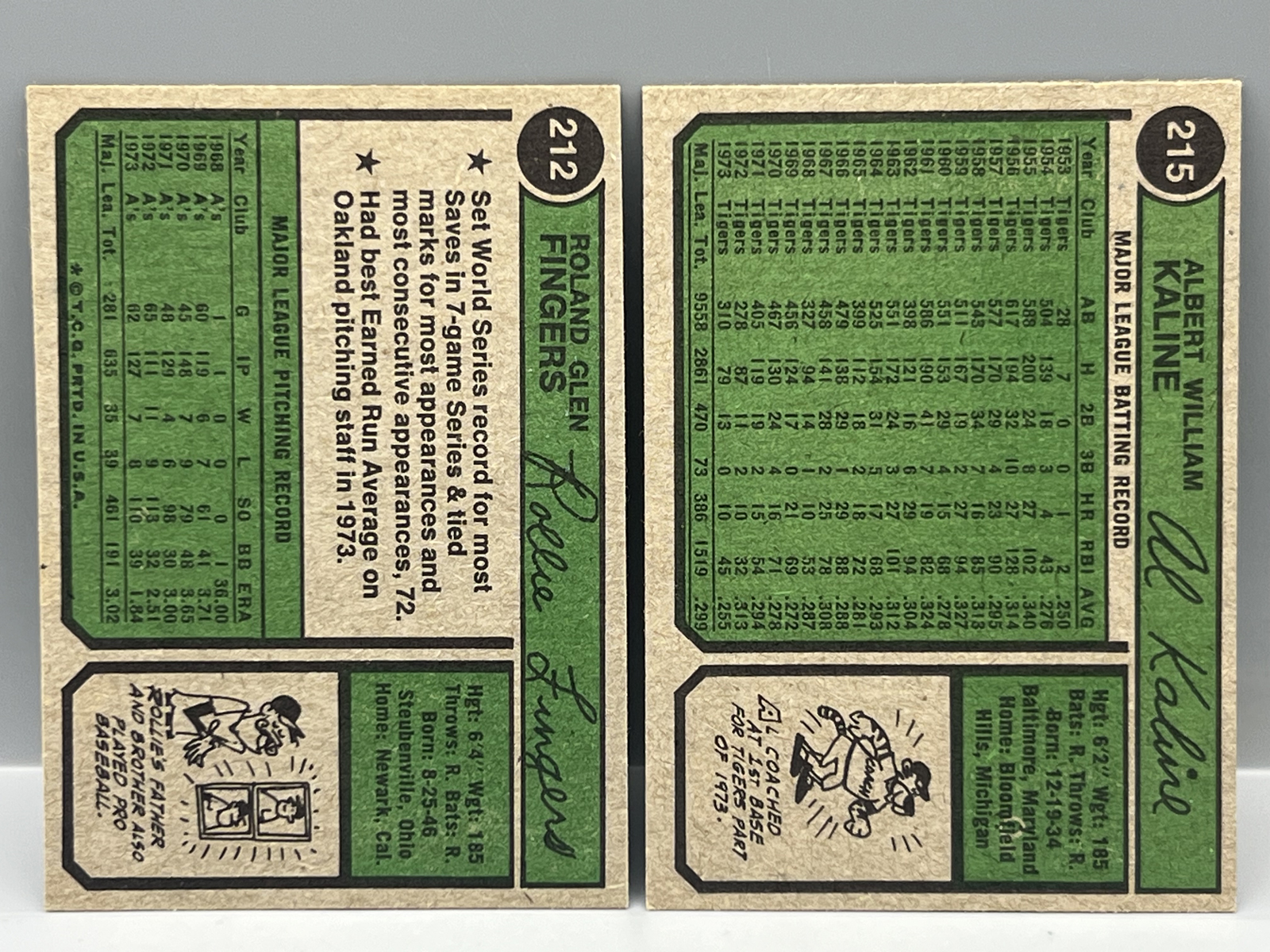 1974 Topps Rollie Fingers #212 & Al Kaline #215