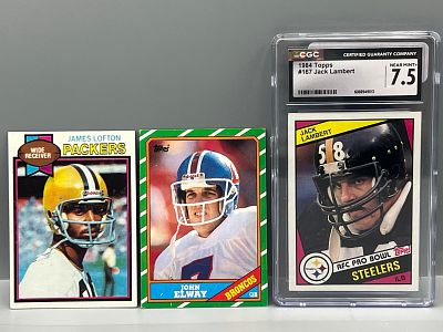 1979 Topps James Lofton RC #310, 1986 Topps John Elway #112, & 1984 Topps Jack Lambert #167 CGC 