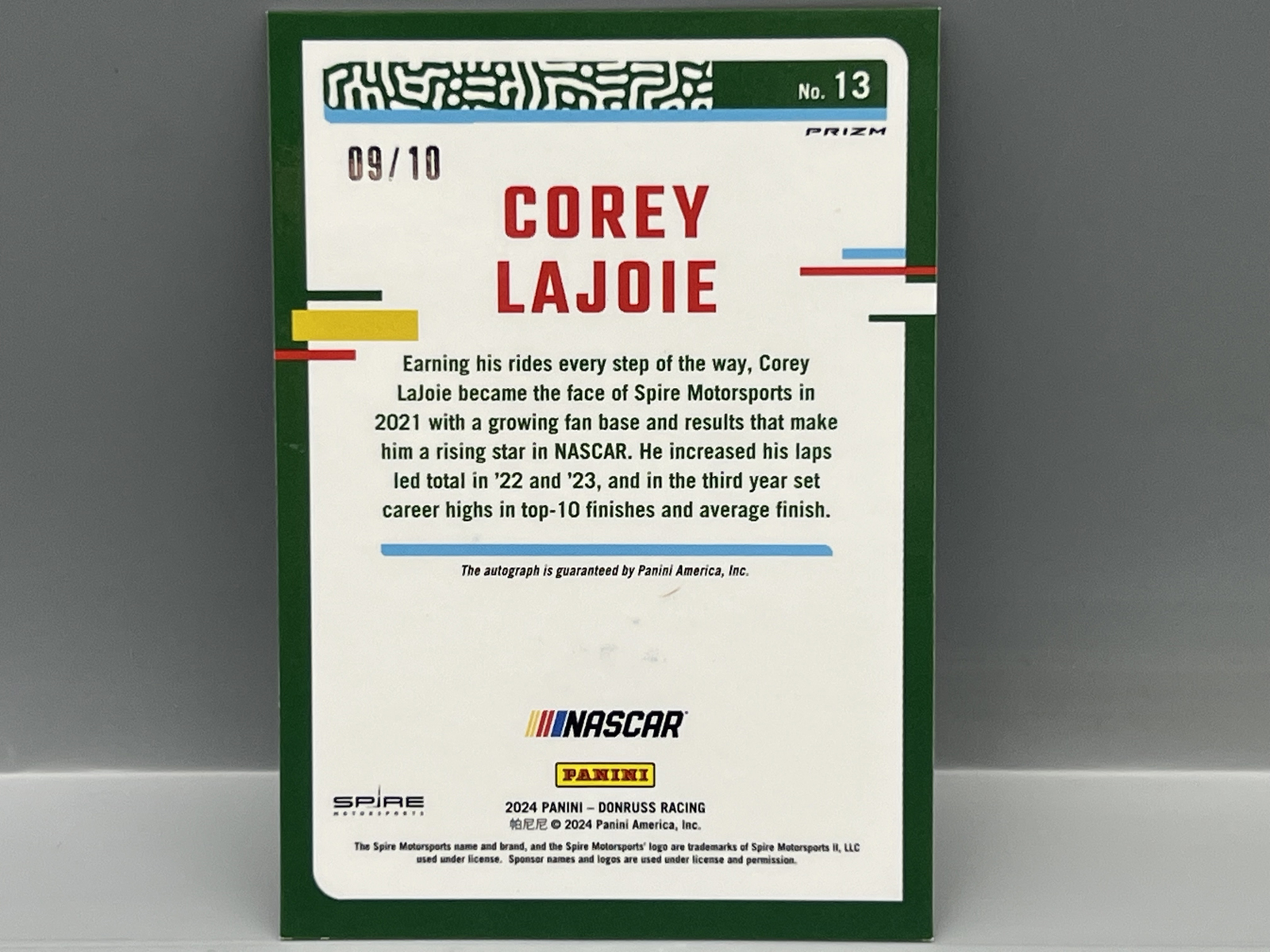 2024 Panini Donruss Optic Racing Corey Lajoie Gold Prizm #/10 - Auto