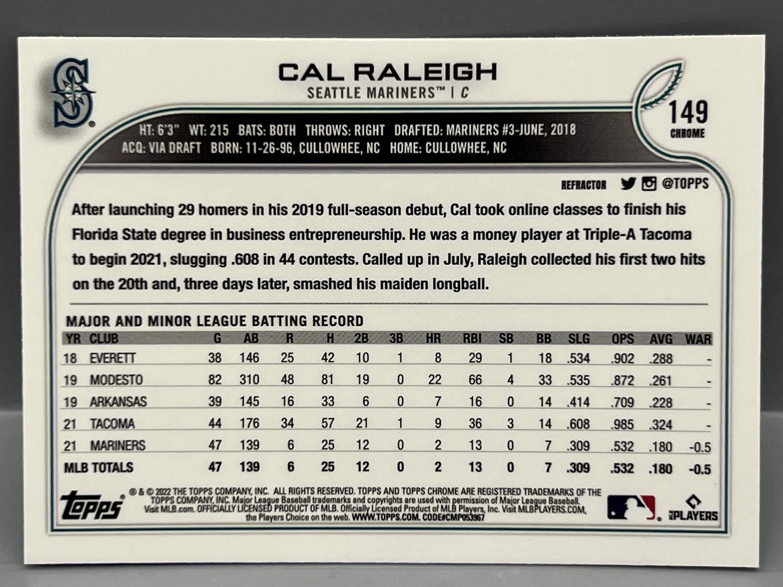 2022 Topps Chrome Cal Raleigh Refractor RC #149