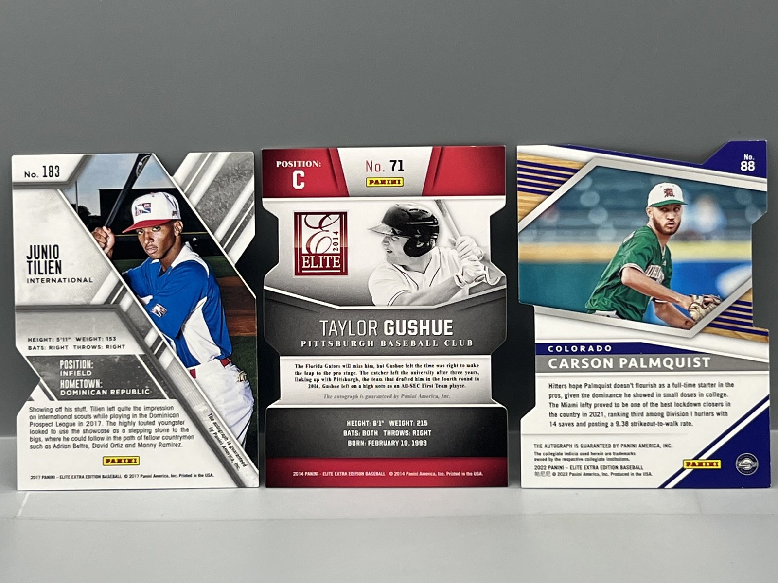 (3) Assorted Pack Pulled Low Serial Numbered Baseball Autos - Junio Tilien #/25, Taylor Gushue #/25, & Carson Palmquist #/10