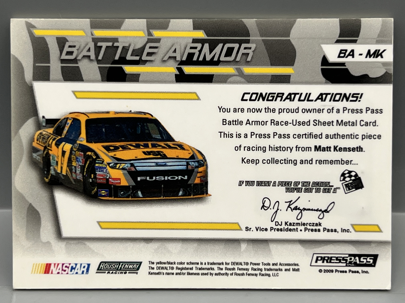 2009 Press Pass Racing Matt Kenseth Battle Armor Race Used Sheet Metal #/220 W/ In Person Auto - No COA