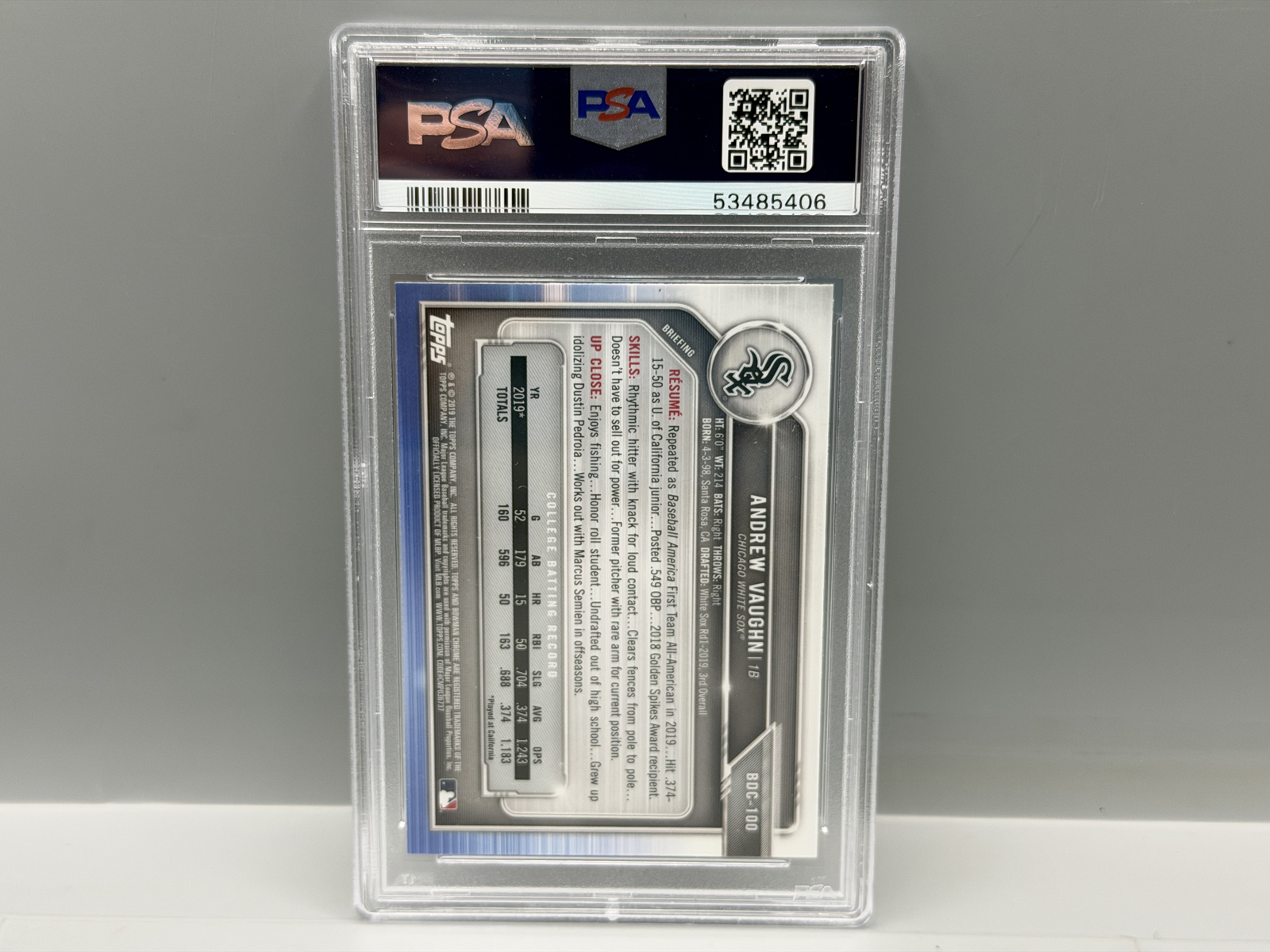 2019 Bowman Draft Chrome Andrew Vaughn Sapphire #BDC100 PSA Gem Mint 10