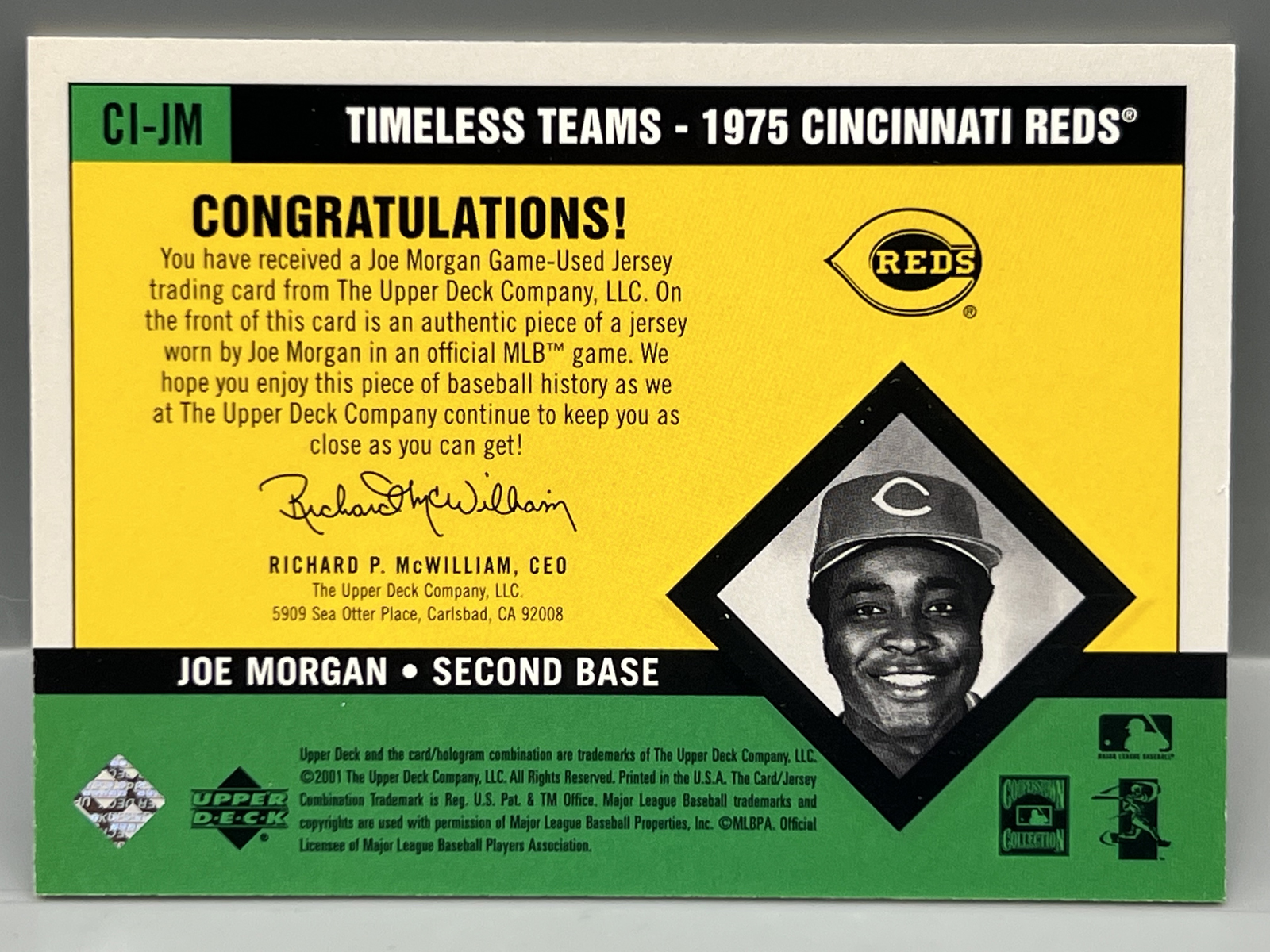 2001 Upper Deck Vintage Joe Morgan Timeless Teams Game Used Jersey Relic