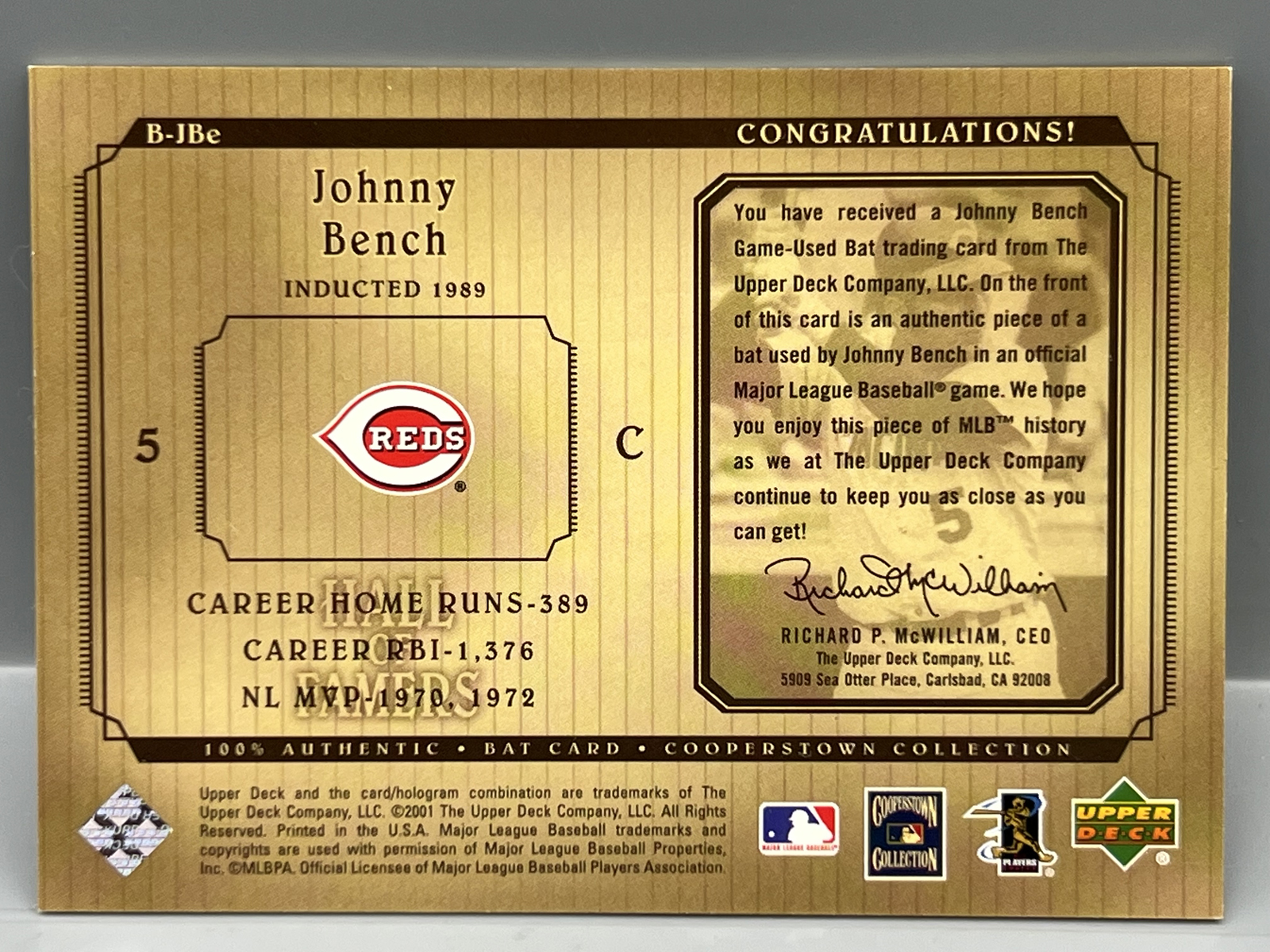 2001 Upper Deck Johnny Bench Cooperstown Collection Game Used Bat Relic